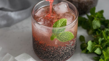 pomegranate mocktails including citrus mint cooler, chia refresher, green tea fizz, and mango pomegranate splash